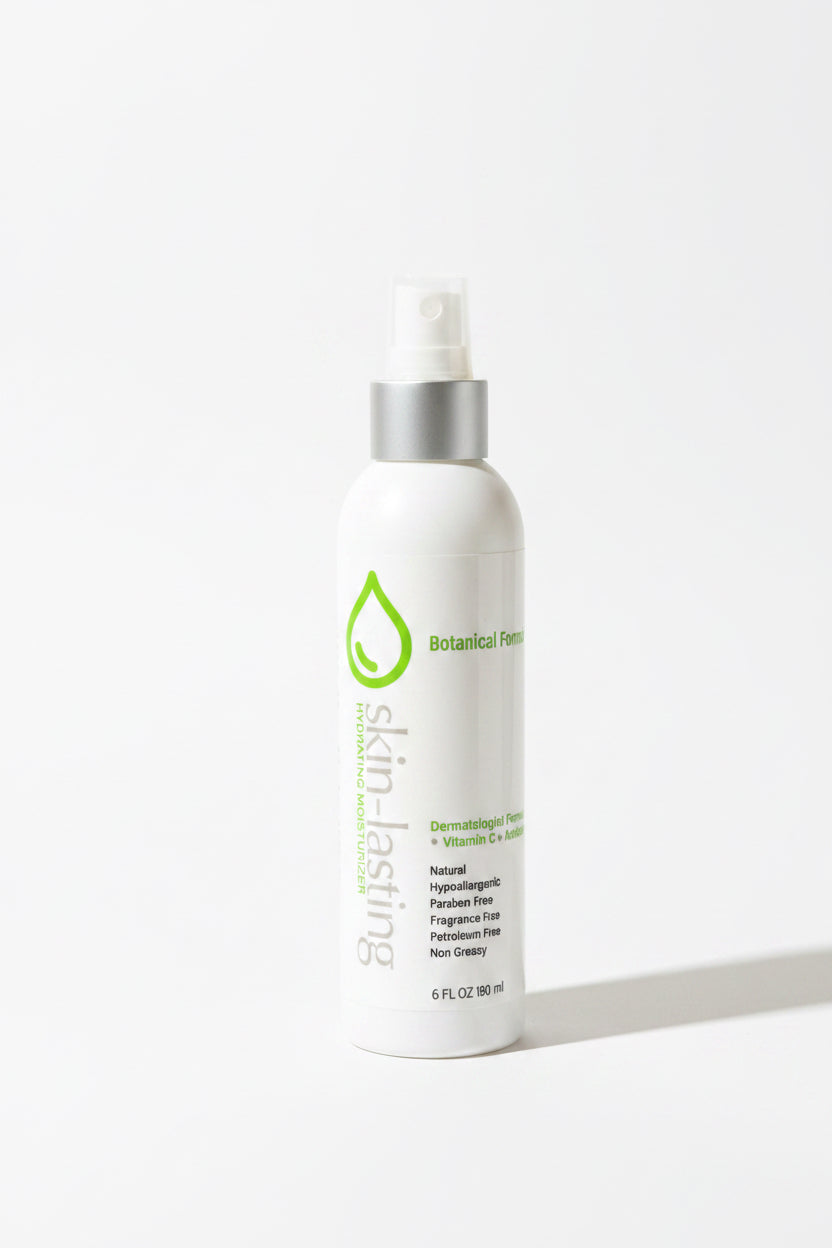 Skincare bottle labeled 'skin-lasting' against a green leafy background